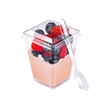 Load image into Gallery viewer, Clear square plastic mini dessert cups/shooters w/spoons 3oz
