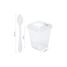 Load image into Gallery viewer, Clear square plastic mini dessert cups/shooters w/spoons 3oz
