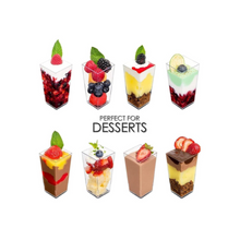 Load image into Gallery viewer, Clear square plastic dessert cups/shooters w/spoons + lids 5oz
